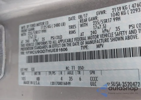 2017 Ford Escape Se z USA, uszkodzony, nr VIN 1FMCU9GD7HUE81606